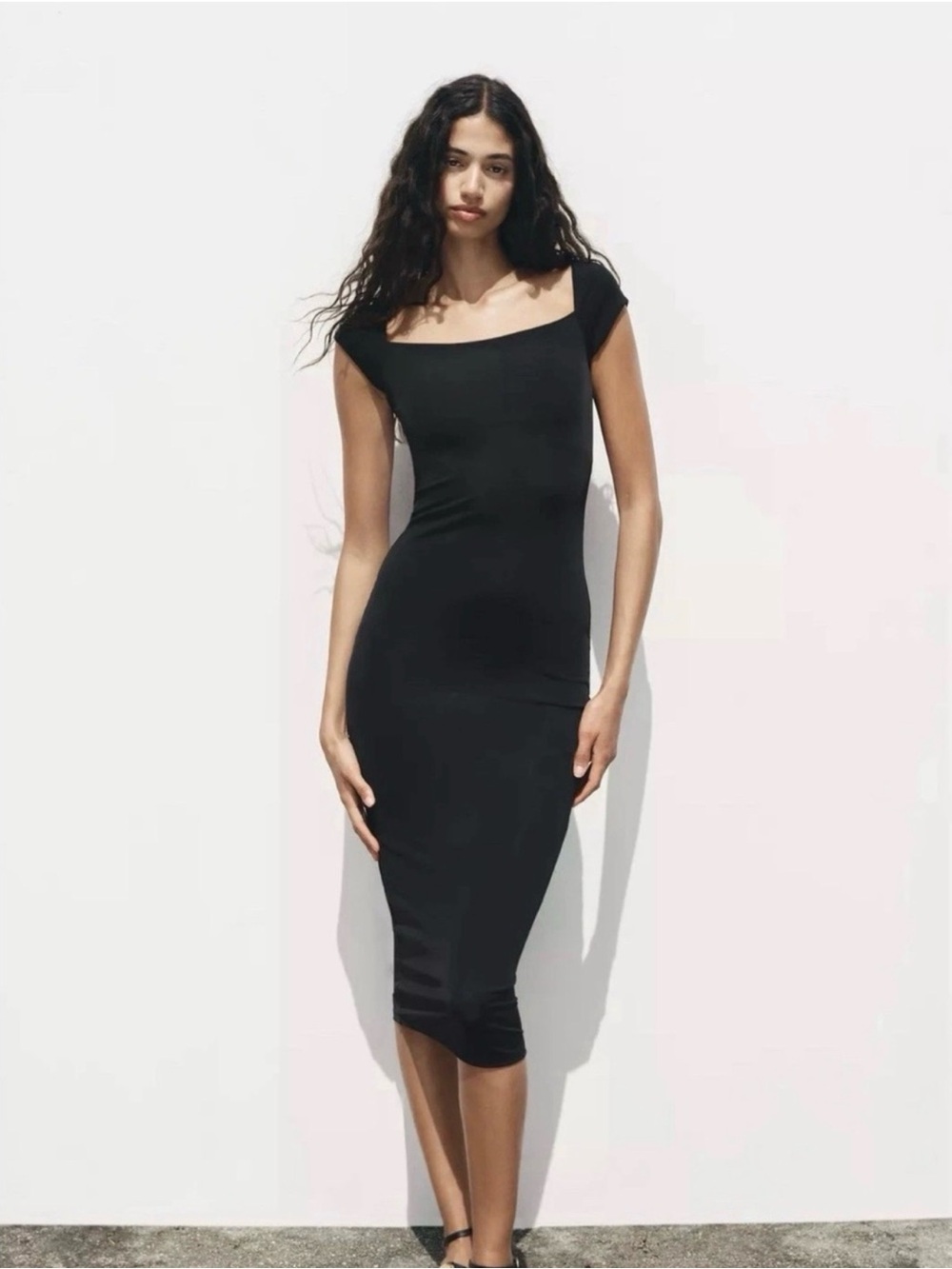 ZARA Black Midi Square-Neck Bodycon Dress NWT❗️